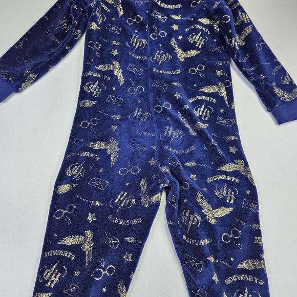 Harry Potter Hooded Pajama One Piece Unisex Kids M 7/8 Hogwarts Fleece Blue Gold - Picture 5 of 12